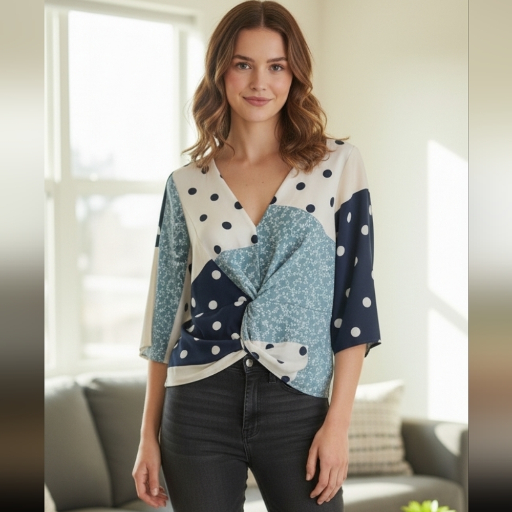 Skies Are Blue Asymmetrical Tie Front Blouse White and Blue
